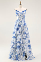 Blau Weiß Blumen Langes A-Linie Gestuftes Korsett Ballkleid mit Schlitz